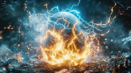 Wall Mural - close-up photo: hyperrealistic cinematic scene. a dragon egg infused with elemental lightning power,