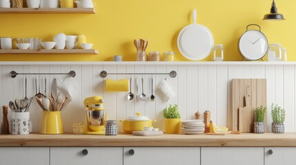 Wall Mural - A clean and inviting kitchen in white and light yellow. The wooden counter and cabinets are highlighted by soft light and shadows, adding depth and warmth.