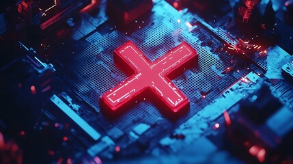 Wall Mural - Red glowing cross symbol on a circuit board.