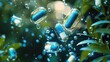 © Veayo - Images of plant kingdoms, streams, nature's essence condensed into bubbles with blue and white drug capsules, and bubbles containing the capsules floating in the picture