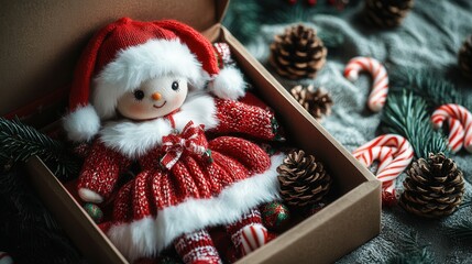 Wall Mural - An open holiday gift box filled with a plush Christmas doll dressed in a red dress and white fur trim, accompanied by small candy canes and pinecone accents