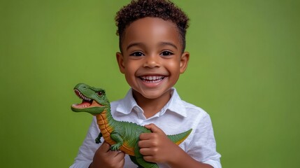 Wall Mural - Happy child playing with a dinosaur toy. AI.