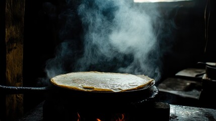 Wall Mural - Cooking Traditional Flatbread on Hot Griddle with Smoke Rising