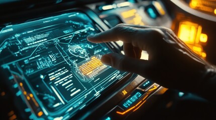 Hand interacting with futuristic holographic interface.