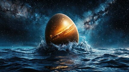 Wall Mural - the solar system is born from a golden egg Around the egg is the milky way galaxy and the egg emerges from the sea of cosmic waters. The strong impact from solar sytem creates waves in the ocean