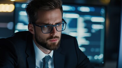 Leinwandbilder - Focused executive reviewing stock market trends on a multi-monitor setup, illuminated by a modern office backdrop