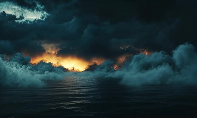 Wall Mural - A dramatic seascape with dark clouds, lightning, and a glowing horizon over turbulent waters.