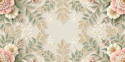 Wall Mural - Elegant Floral Design with Beige and Green Hues, Featuring Intricate Leaf and Blossom Patterns