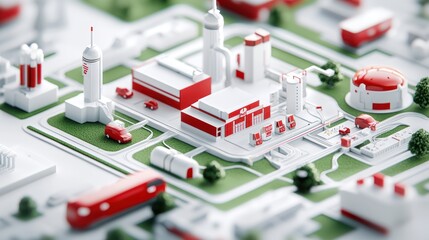 Wall Mural - A miniature industrial complex featuring red and white structures, including factories, storage tanks, and vehicles on a green landscape.