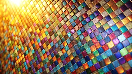 Vibrant multicolored mosaic tile wall texture background with glittering square shapes and gradient color effect