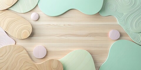 Wall Mural - Abstract Wooden and Pastel Shapes on a Light Wood Background