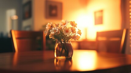 Poster - Elegant dining room with fresh flowers home interior still life warm ambiance close-up view serene atmosphere for relaxation