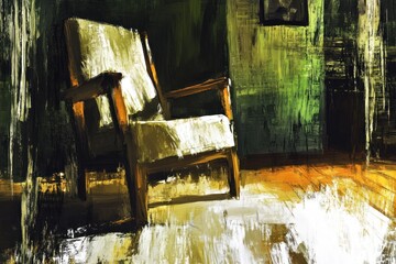 Poster - A solitary, sunlit armchair in a dimly lit room, evoking a sense of tranquility.