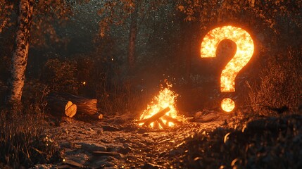 Wall Mural - Burning question mark in dark forest with campfire.