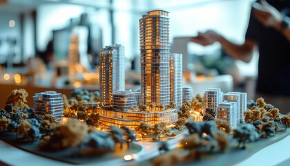 architectural model showcase of urban development projects with city planners and developers discuss