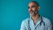 © liliyabatyrova - A joyful Egyptian physician in a light shirt and stethoscope smiles warmly against a vibrant teal background, embodying positivity and dedication to patient care in a contemporary medical environment