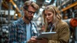 © liliyabatyrova - Two individuals engaged in a focused discussion while examining a digital tablet. Surrounded by machinery and equipment, they exchange ideas in a bustling warehouse environment