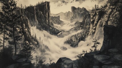 Wall Mural - A dramatic landscape featuring mountains, fog, and trees, evoking a sense of adventure.