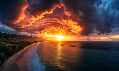Wall Mural - A stunning sunset over the ocean, with dramatic clouds reflecting vibrant colors.