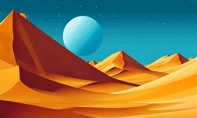 Wall Mural - A stylized desert landscape with a large planet in the sky and vibrant colors.
