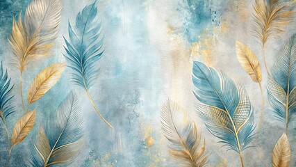 Wall Mural - Elegant Teal and Gold Feather Design on Textured Background