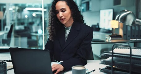 Fototapete - Office, business woman and laptop for typing, research and audit with charts in finance agency. Female person, tech and documents for investment in company for growth, stock market and working late