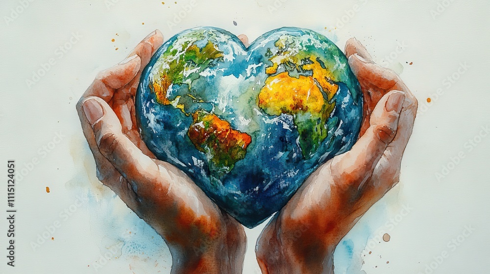 Watercolor painting of two hands holding Earth in the shape of a heart ...