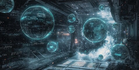 Leinwandbilder - Aerial perspective of a futuristic neon observatory immersive tech vision in a sci-fi digital environment