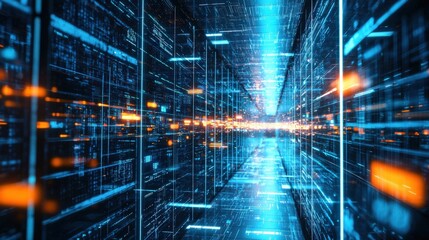 Aufkleber - Futuristic tunnel of transparent panels urban environment digital art high-tech concept vibrant blue glow sci-fi viewpoint