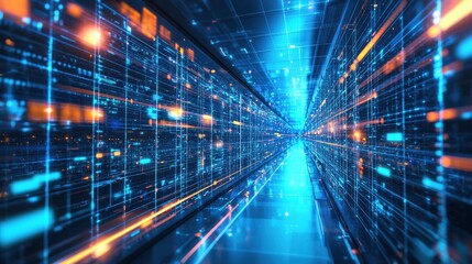 Poster - Futuristic tunnel of transparent panels with neon lights digital landscape virtual reality environment dynamic perspective