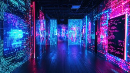 Leinwandbilder - Immersive neon vr experience floating geometric shapes in a luminous digital space with 3d perspective