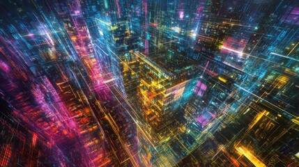 Leinwandbilder - Digital neon cityscape immersive urban landscape futuristic environment vibrant colors aerial viewpoint cyberpunk concept