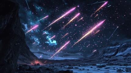 Fototapete - Neon meteor shower event cosmic landscape digital art night sky wide angle virtual experience of celestial wonder
