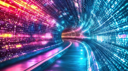 Leinwandbilder - Exploring a neonlit tunnel flowing data simulation in a dynamic futuristic cityscape abstract environment