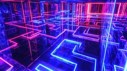 Fototapete - Neon pathways illuminate a digital labyrinth in a futuristic immersive art installation experience