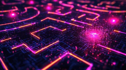 Aufkleber - Dynamic digital labyrinth shifting neon pathways virtual realm visual art futuristic environment close-up perspective