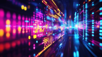 Leinwandbilder - Pulsating luminous equalizer bars in neonlit cityscape digital art futuristic environment abstract viewpoint vibrant concept