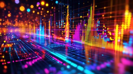 Aufkleber - Luminous neon equalizer bars in a vibrant abstract cityscape at night for a stunning visual experience