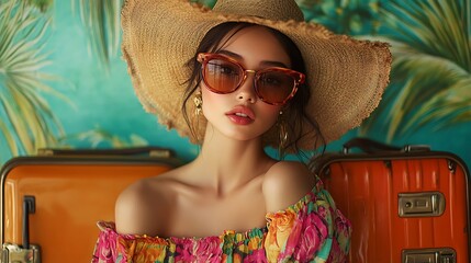 Beach fashion shoot model in sunglasses tropical setting