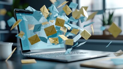 Poster - Laptop displaying a visually exaggerated inbox overload, with hundreds of envelope icons pouring out into the air