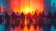 © Todd's Studio - Business team meeting in a modern office, vibrant colors, creative background, silhouettes of people sitting around a table with laptops and documents on it, colorful gradient glass walls,