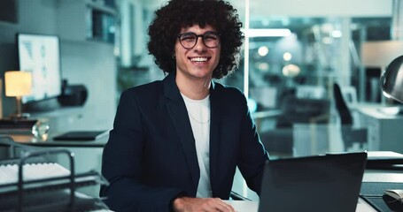 Poster - Business, man and face with laptop in office for stock market trends and laughing for cryptocurrency investment. Night trading, professional and portrait with online portfolio review or currency info