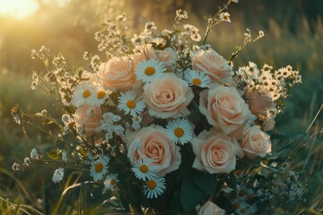 Wall Mural - Pink rose and daisy bouquet in a field