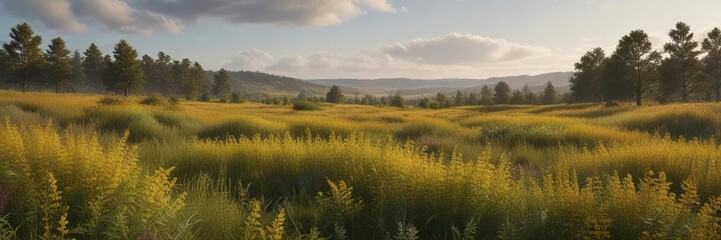 A field of goldenrod and oak leaves stretches towards the horizon, creating a sense of vastness and wildness , natural scenery, goldenrod, open fields