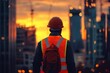 © khalid_spk - Construction worker orange safety vest hard hat backpack sunset skyline urban setting