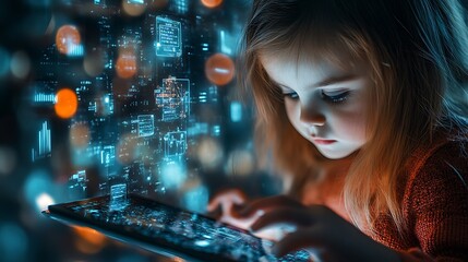 Girl engaged with digital technology home portrait indoor close-up