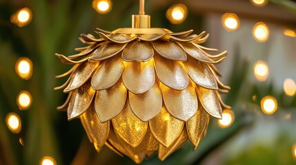 Sticker - Elegant Gold Pendant Light with Petal Design and Warm Glow