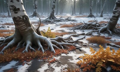 Wall Mural - frosty forest floor with fallen birch leaves and twisted roots, snow, earth tones, leaves