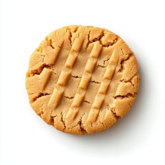 Wall Mural - Round Peanut Butter Cookie with Distinctive Fork Marks on a White Background, Perfect for Baking and Dessert Photography