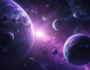 Canvas Print - deep space with stars, planets, and galaxies in shades of blue and purple on a gradient background, 